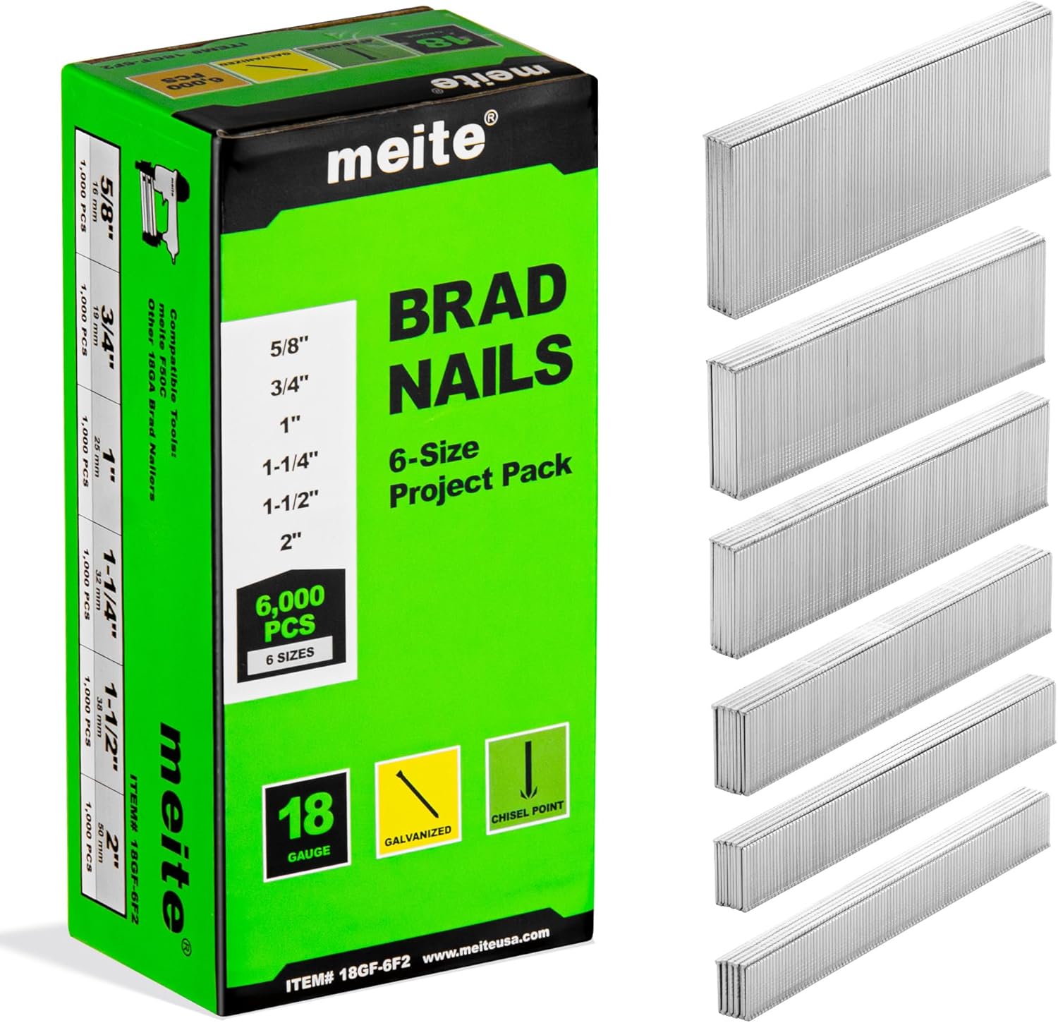 meite 18 Gauge Brad Nails, Assorted 6 Sizes (5/8", 3/4", 1", 1-1/4", 1-1/2" and 2-Inch)...