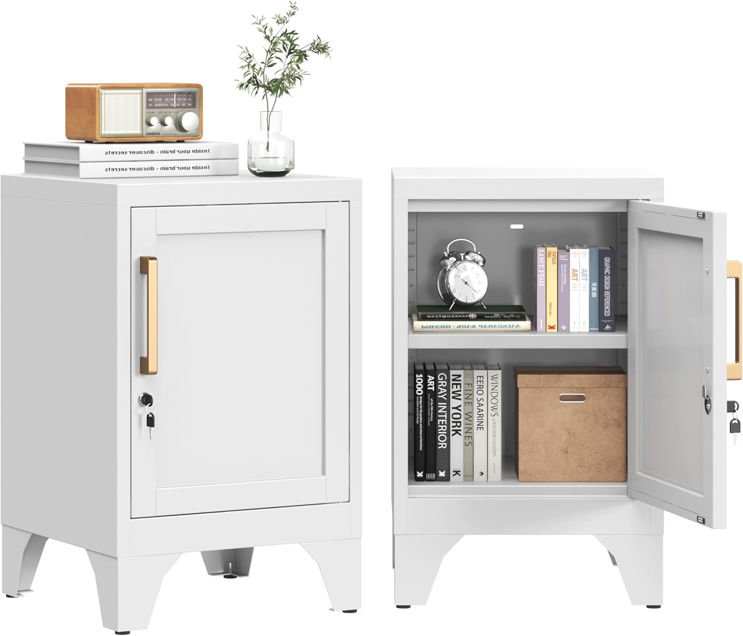 Metal Locker Nightstand, Small Locking Cabinet with Lock and Adjustable Shelf, 23.6''H White...