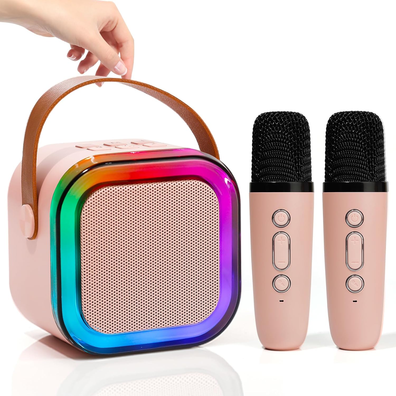 Mini Karaoke Speaker with 2 Wireless Microphones,Voice Effects,Led Lights, Portable Singing...