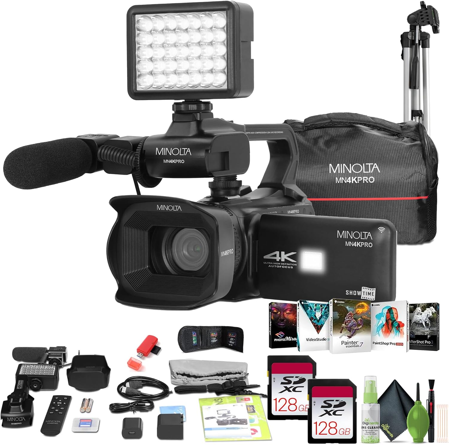 Minolta MN4KPRO 4K60FPS UHD 64 MP Autofocus Pro Camcorder Kit w/WiFi Bundle with 2X 128GB...