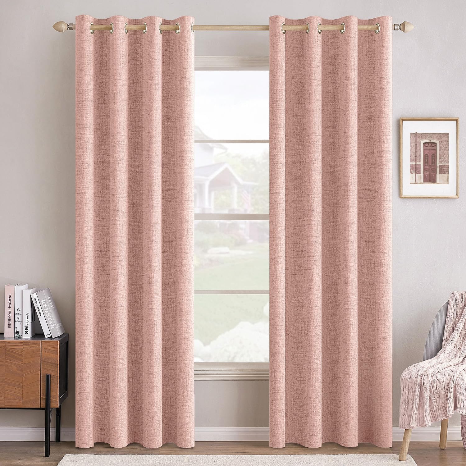 MIULEE 100% Blackout Linen Curtains for Bedroom Thermal Insulated Blush Pink Grommet Room...