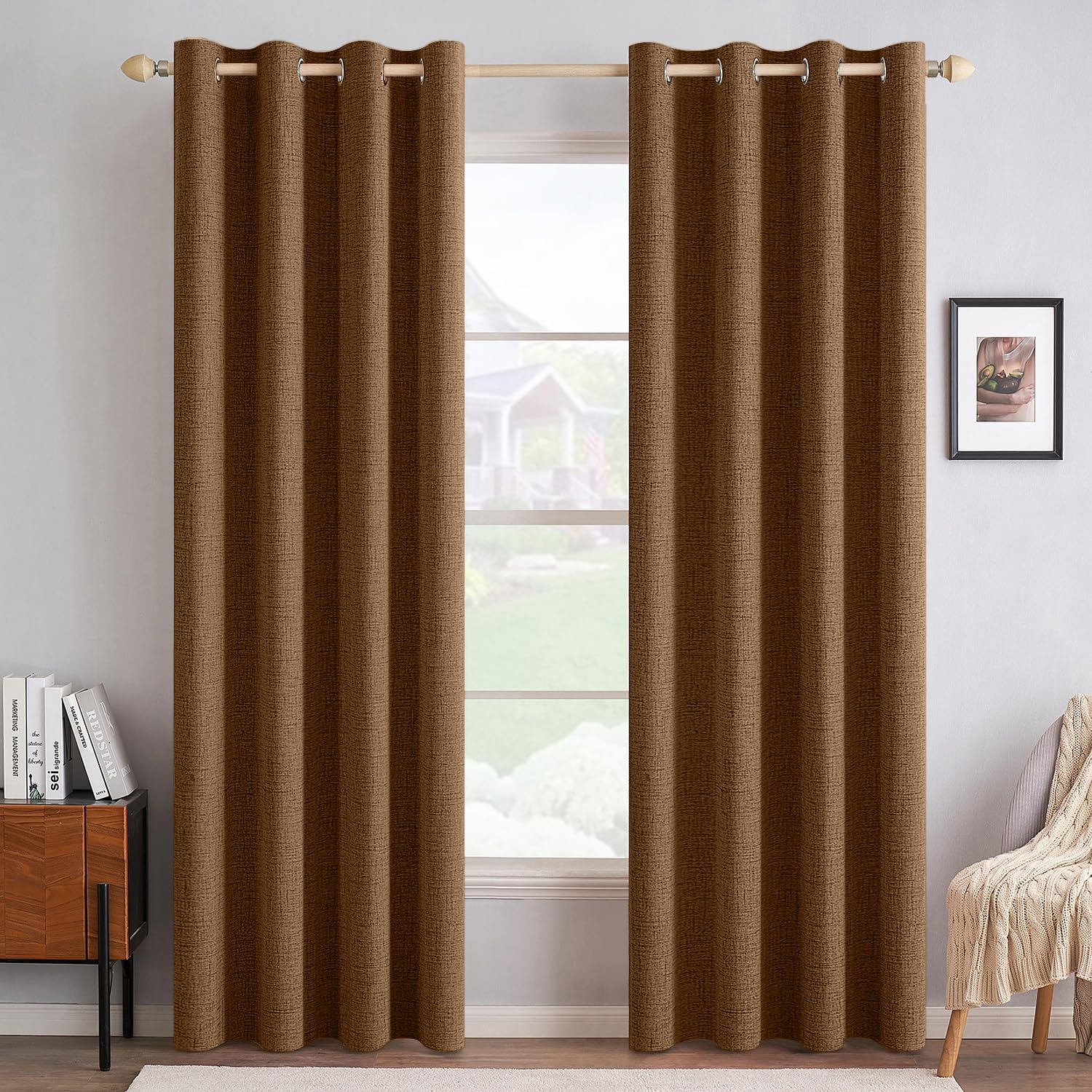 MIULEE 100% Blackout Linen Curtains for Bedroom Thermal Insulated Brown Grommet Room...