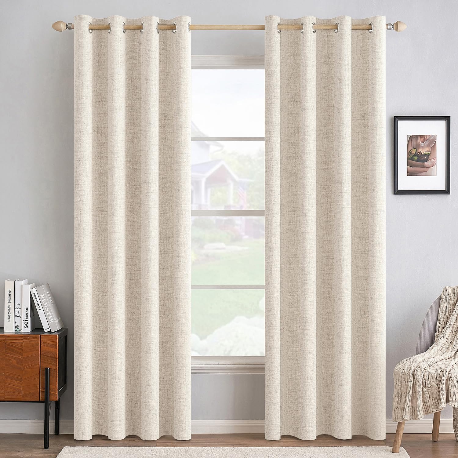 MIULEE 100% Blackout Linen Textured Curtains for Bedroom Solid Thermal Insulated Cream Beige...