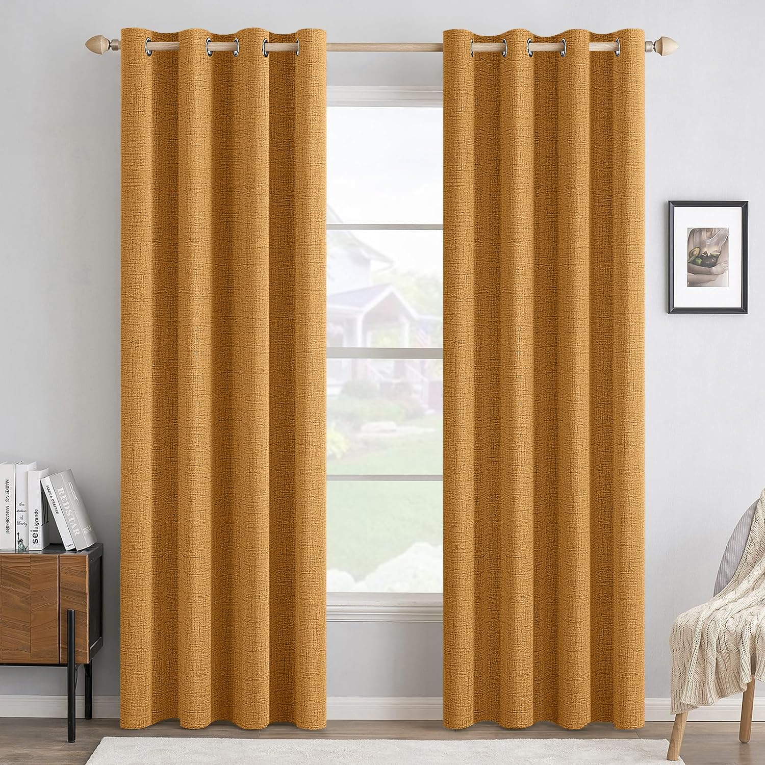MIULEE 100% Blackout Linen Textured Curtains for Bedroom Solid Thermal Insulated Mustard...