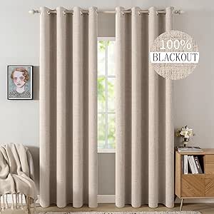 MIULEE 100% Blackout Linen Textured Curtains for Bedroom Solid Thermal Insulated Natural...
