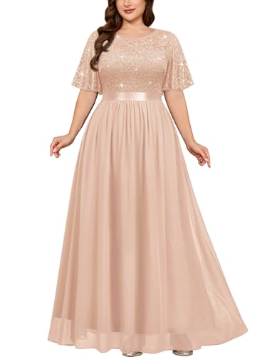 Miusol Women's Plus Size Sequin Lace Round Neck Butterfly Sleeves Formal Evening Maxi Dress