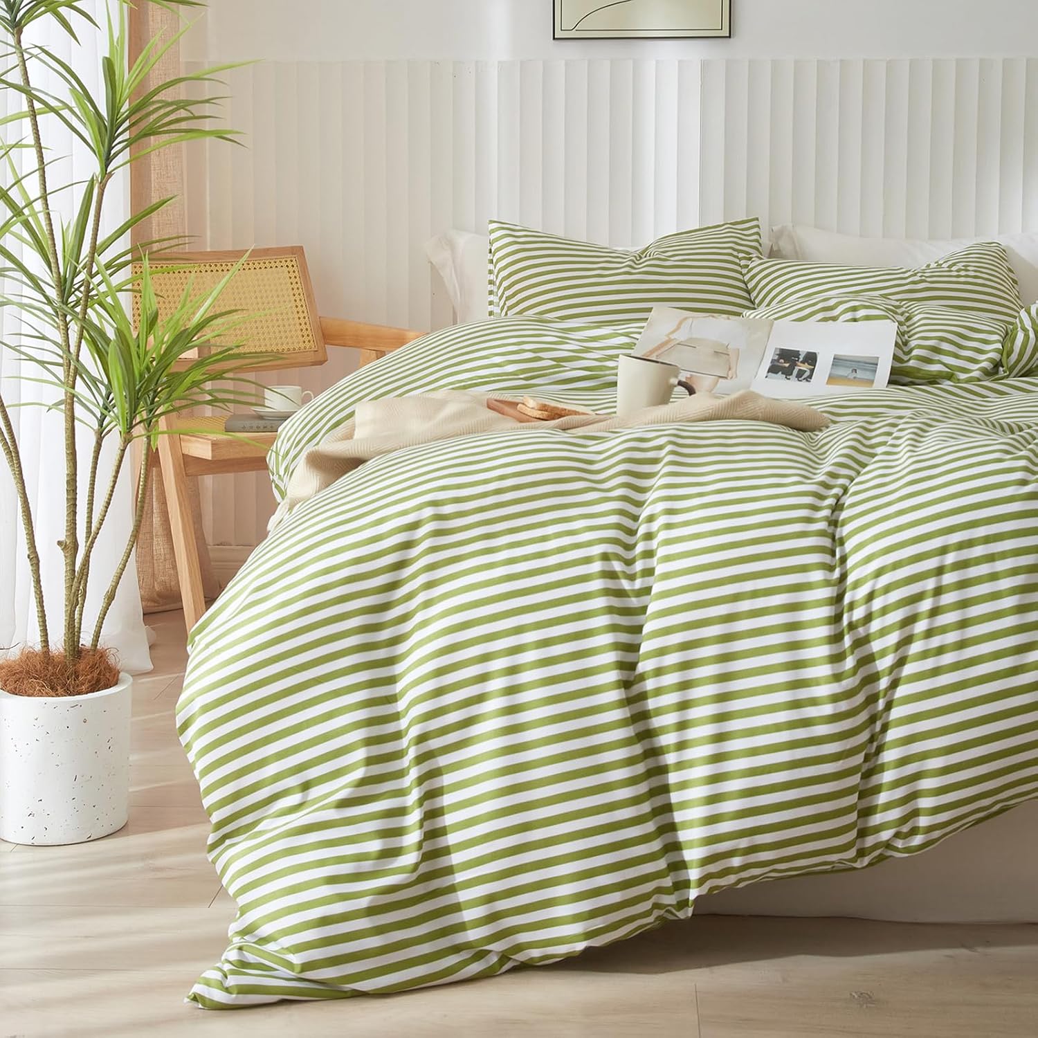 mixinni Striped Comforter Set Queen Size - Green White Stripes Pattern Bed Set for All...