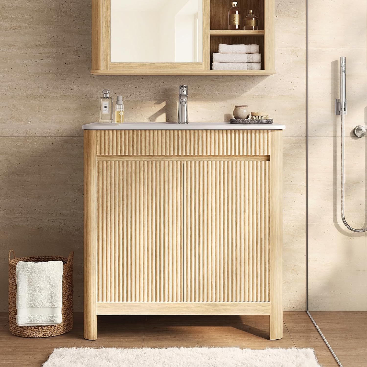 ModernMate 30" Freestanding Bathroom Vanity with Sink, Solid Wood Legs & Fluted Panel, Arc...