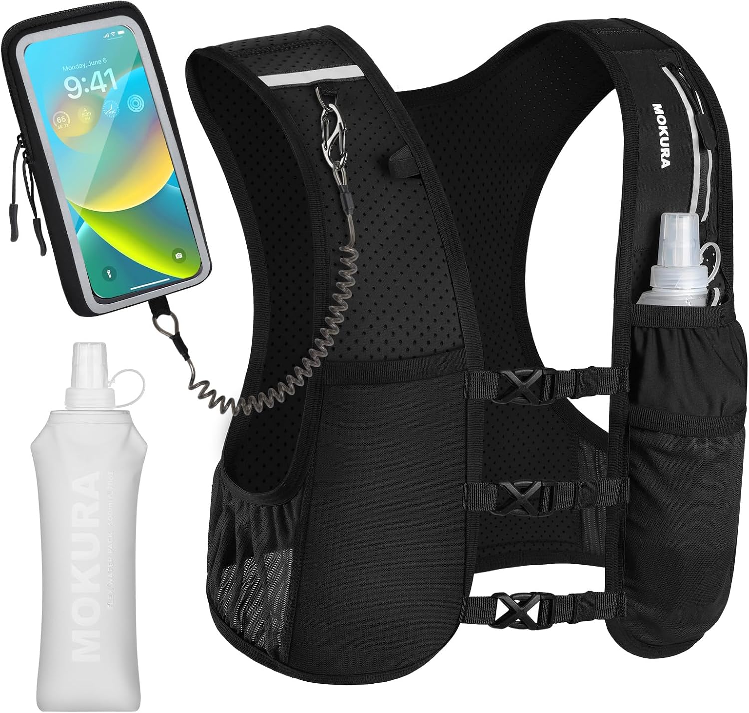 MOKURA Running Vest for Women Men, Lightweight Hydration Vest with 500ML Soft Flask & Phone...