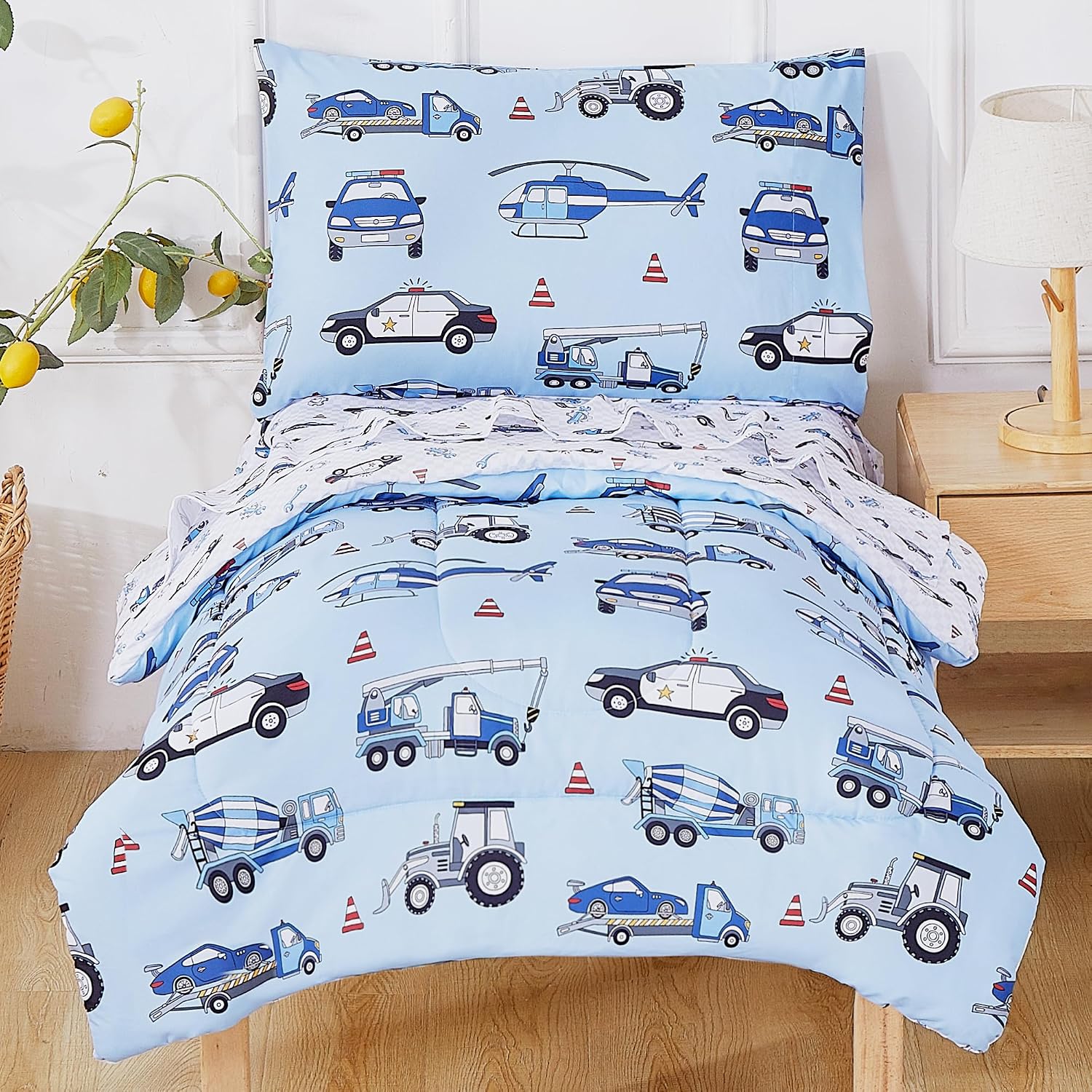 Mooreeke 4 Pieces Toddler Bedding Set - Blue Cool Police Car Plane Toddler Comforter Sets...