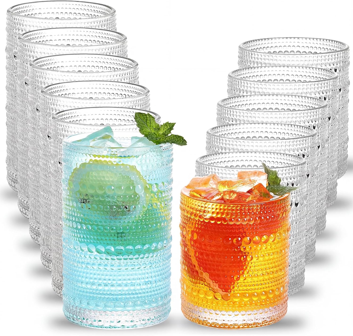 Moretoes Hobnail Drinking Glasses Set of 12, 12 Oz Highball Glasses & 10 Oz Cocktail...