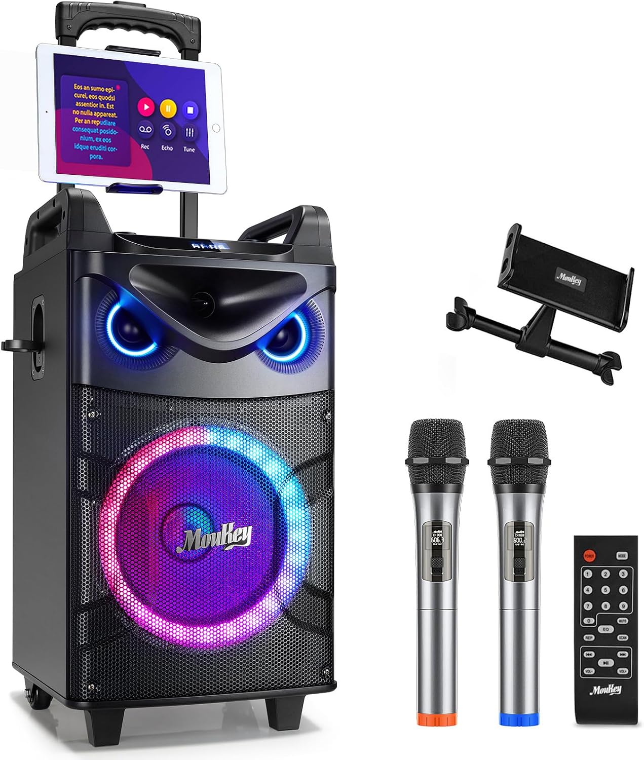 Moukey Karaoke Machine, 10" Woofer Portable PA System, Bluetooth Speaker with 2 Wireless...