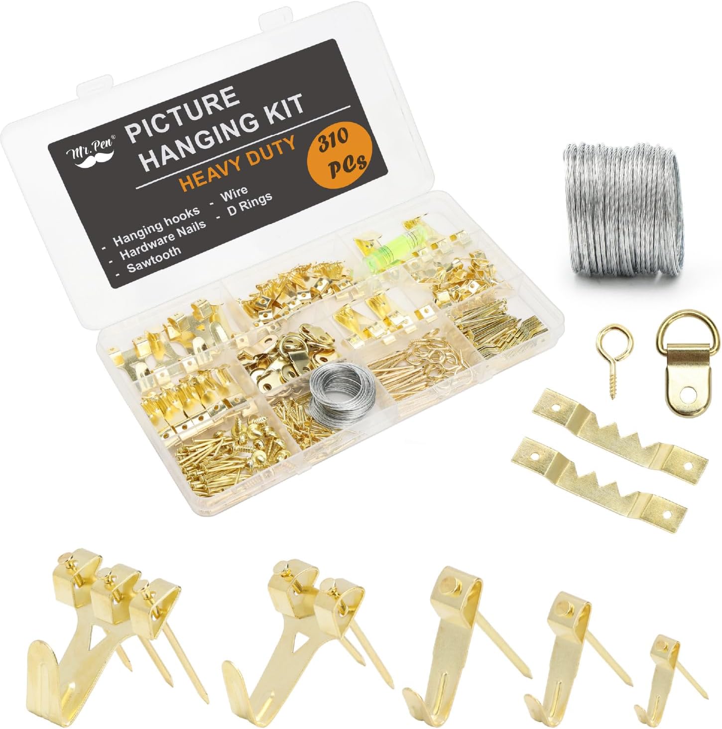Mr. Pen- Picture Hanging Kit, 220 pcs, Gold, Assorted Hooks | Includes Nails, Sawtooth...