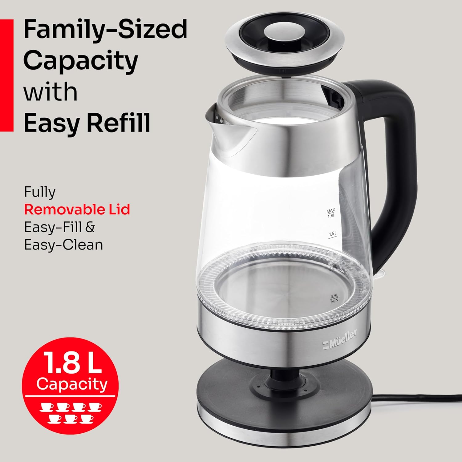 MUELLER HOME Rapid Boil Electric Tea Kettle 1.8L – Borosilicate Glass & Stainless Steel... image