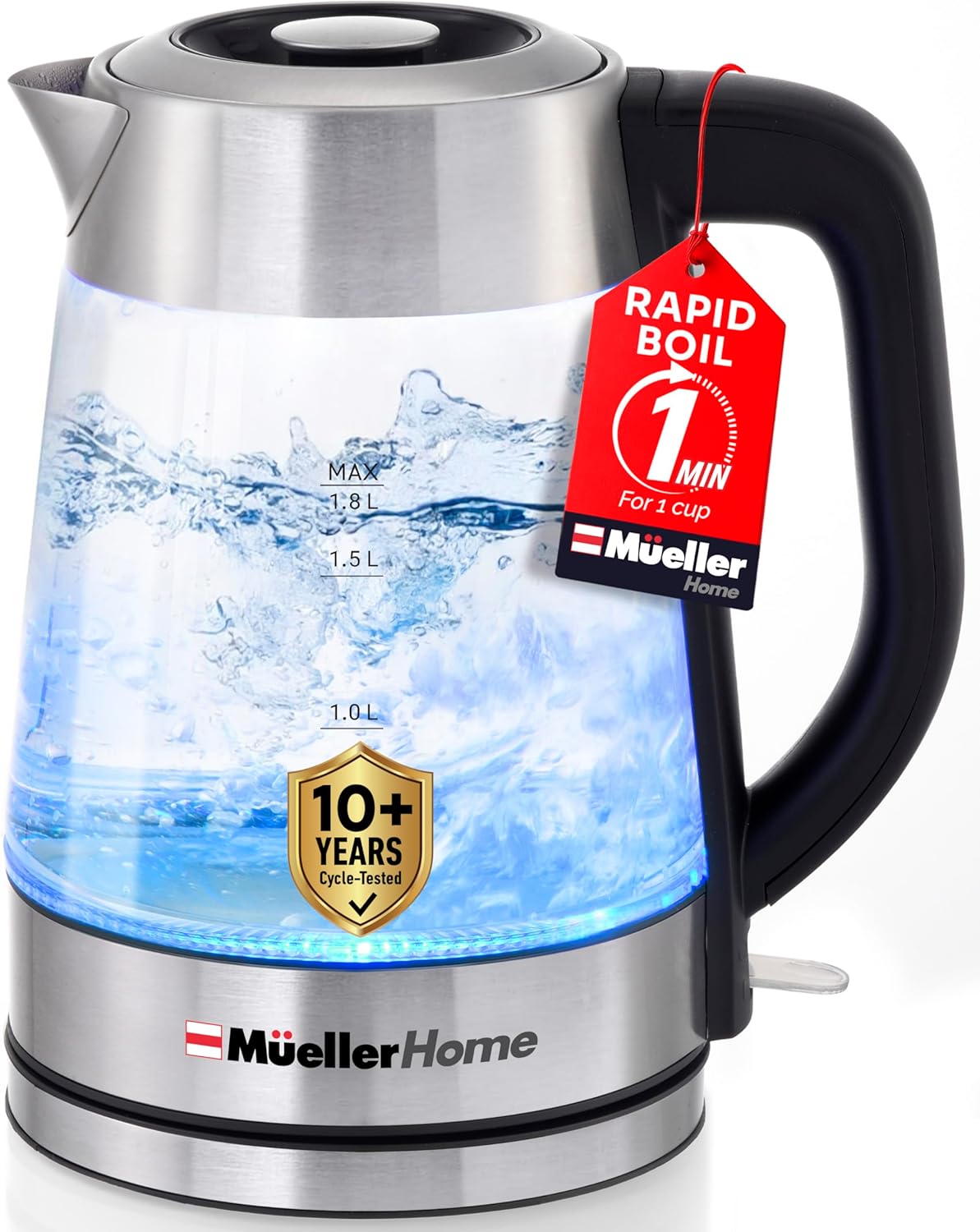 MUELLER HOME Rapid Boil Electric Tea Kettle 1.8L – Borosilicate Glass & Stainless Steel...