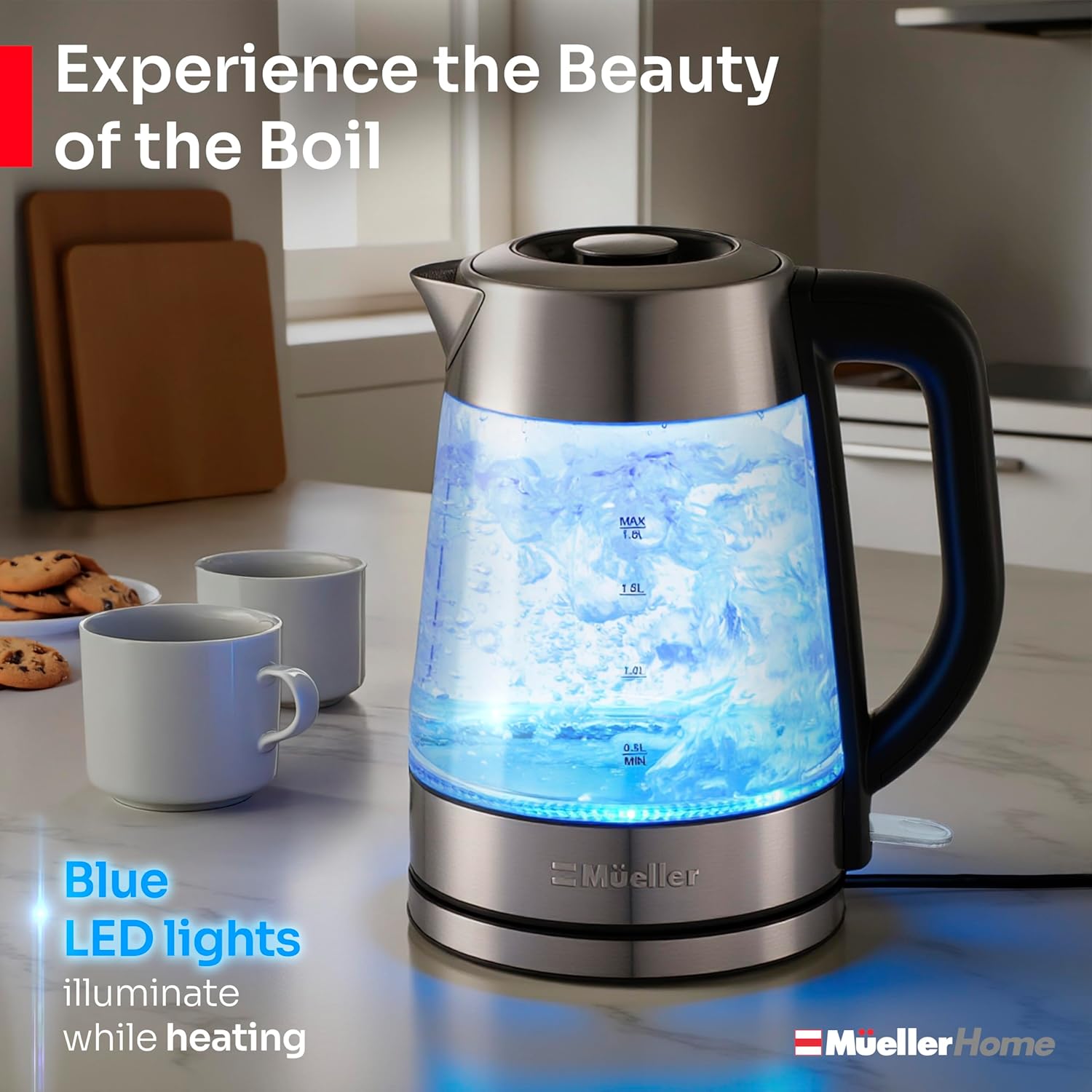 MUELLER HOME Rapid Boil Electric Tea Kettle 1.8L – Borosilicate Glass & Stainless Steel... image