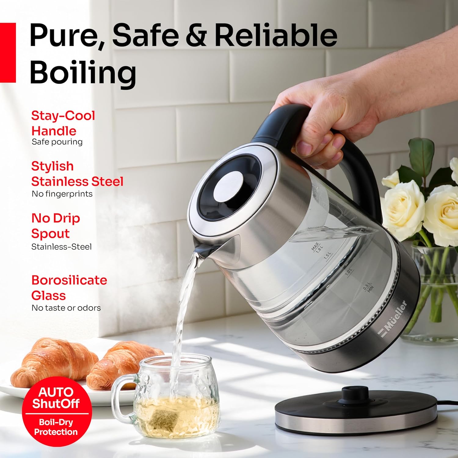 MUELLER HOME Rapid Boil Electric Tea Kettle 1.8L – Borosilicate Glass & Stainless Steel... image