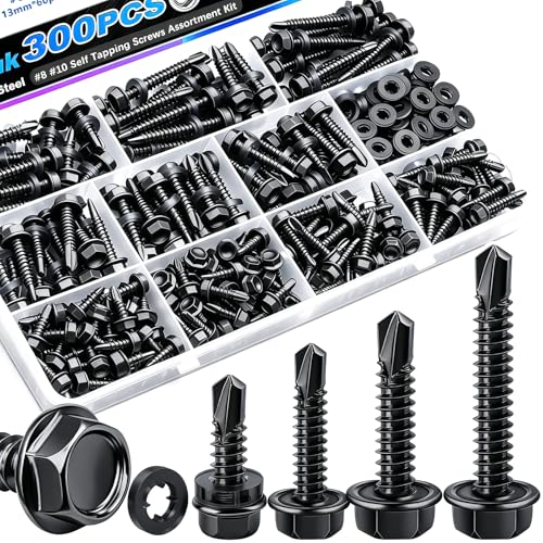 mxuteuk 300PCS #8#10 Self Tapping Screws,410 Stainless Steel Self Drilling Screws,Black Zinc...