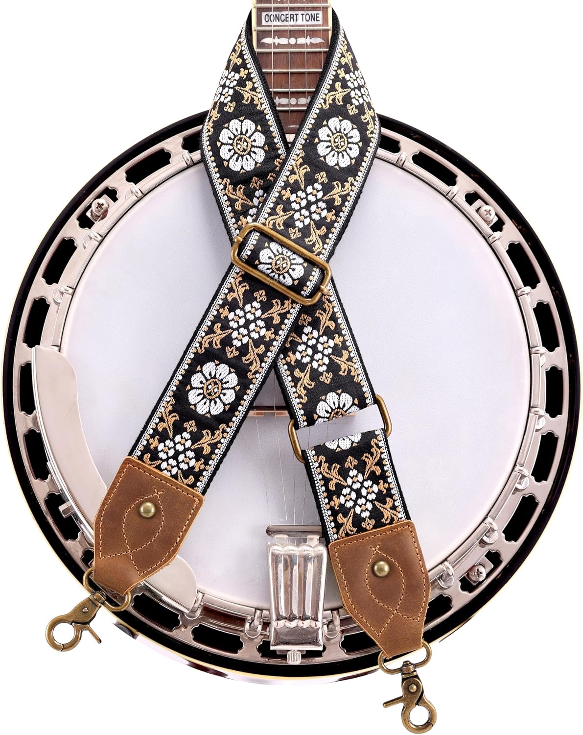 Nefelibata Banjo Strap,2"Wide Double Crazy Horse Leather Jacquard Embroidery Strap...