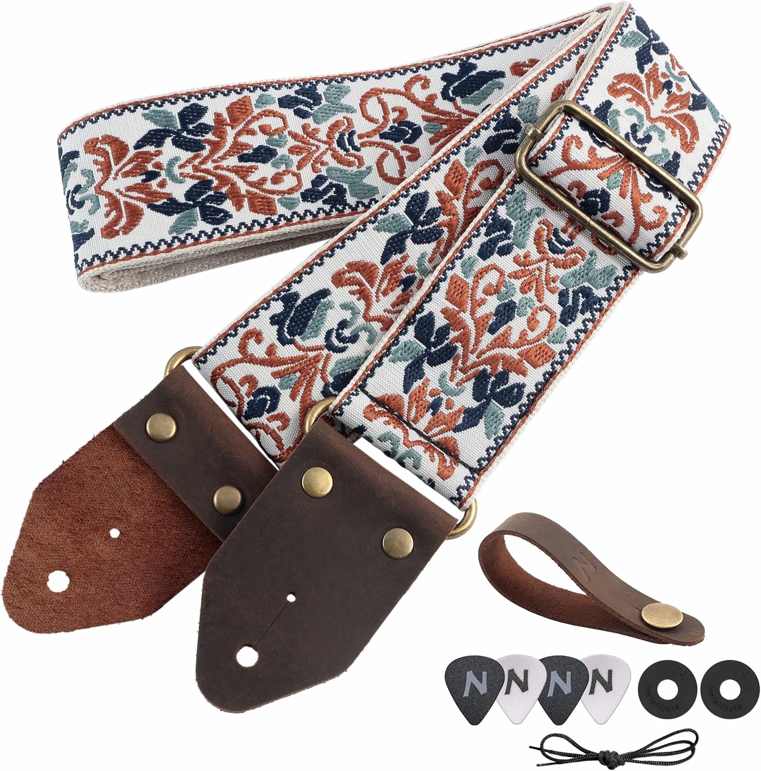 Nefelibata Guitar Strap,Jacquard Embroidery Cotton Guitar Straps with Crazy Horse Leather...