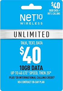 Net10 $40 Unlimited Talk,Text & Data(10GB High–Speed) Plan [Physical Delivery]