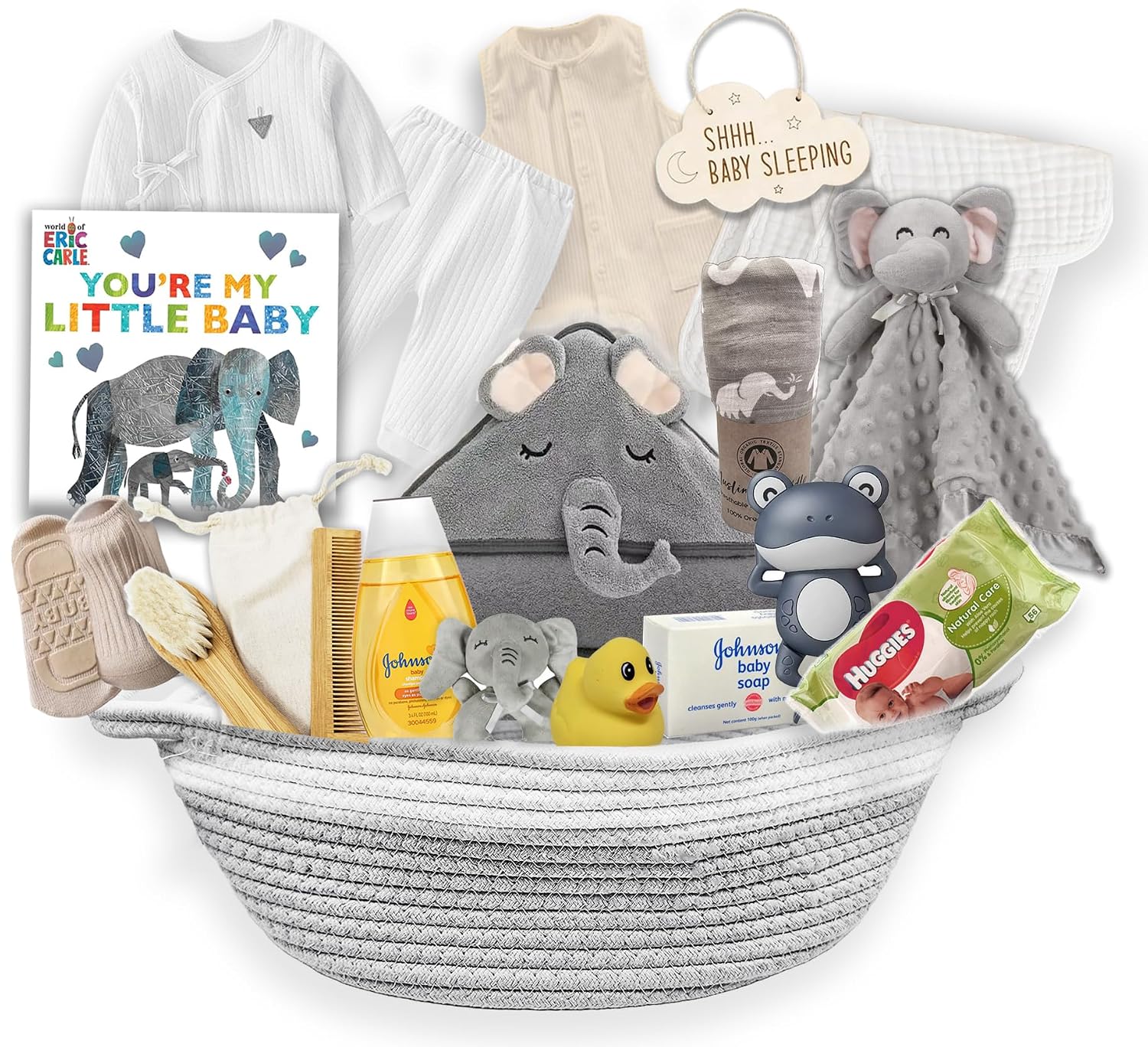 New Baby Boy/Girl Gift Basket (20 Items) for a New mom Elephant Baby Gift Set. Welcome Baby...