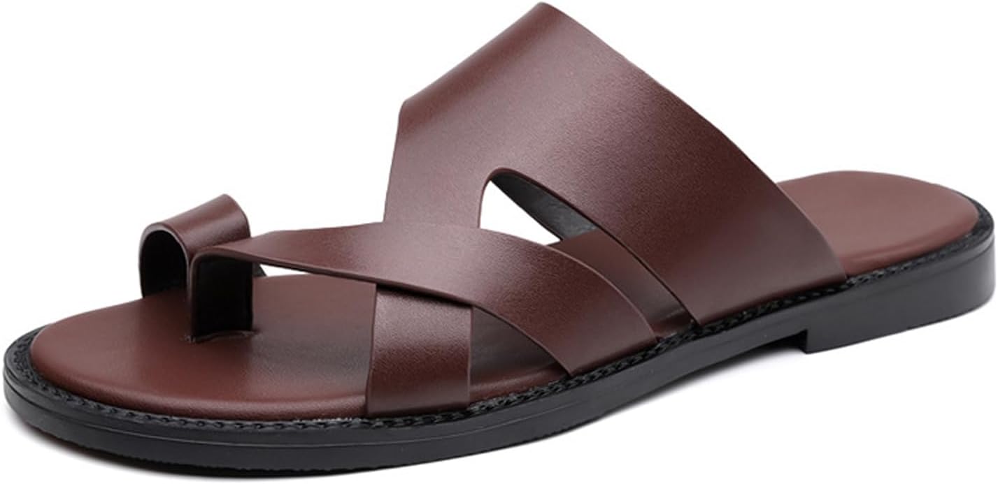 NHBEOEN Men's Strappy Leather Flat Flip Flops Sandals Toe Casual Open Toe Comfort Arch...