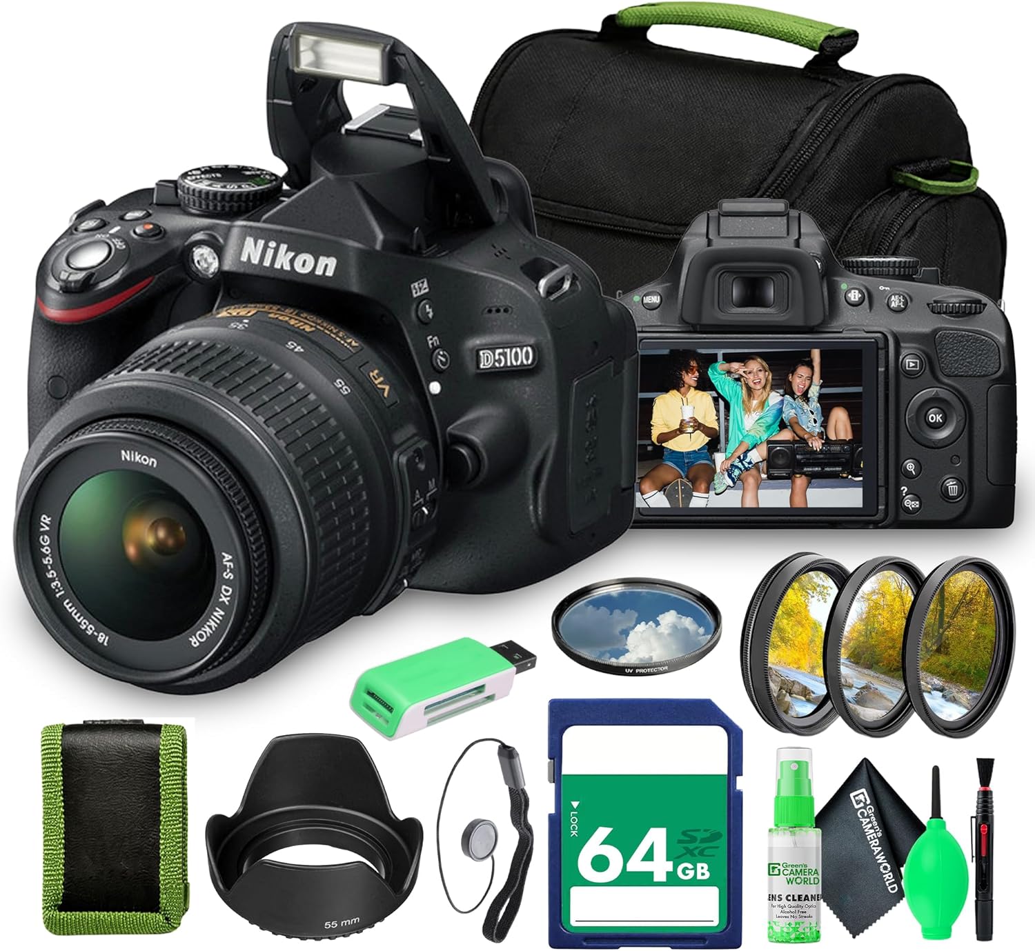 Nikon D5100 SLR Camera with 18-55mm f/3.5-5.6G VR Lens Bundle, Vari-Angle LCD, 16.2MP DX...