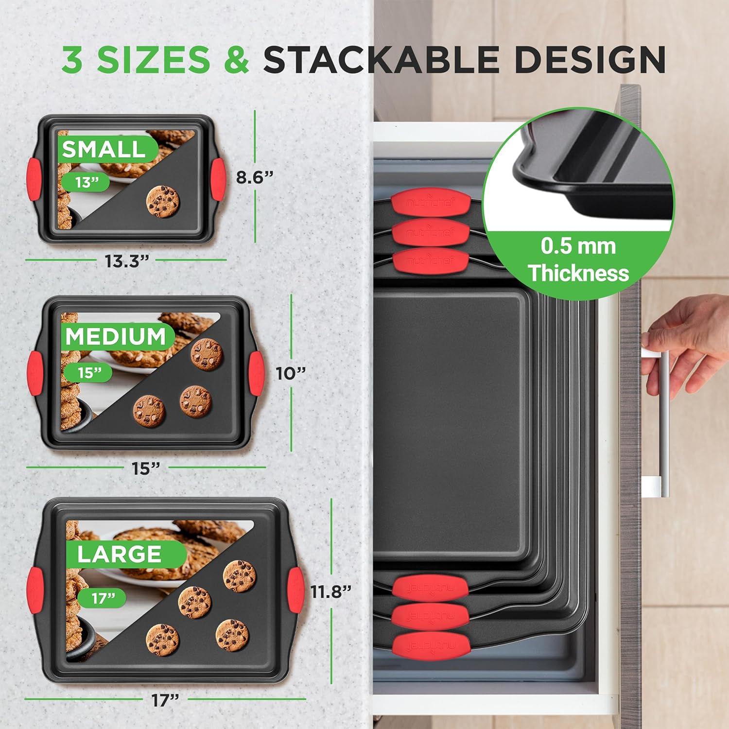 NutriChef 3-Piece Nonstick Kitchen Oven Baking Pans - Premium & Stylish Non-Stick Steel... image