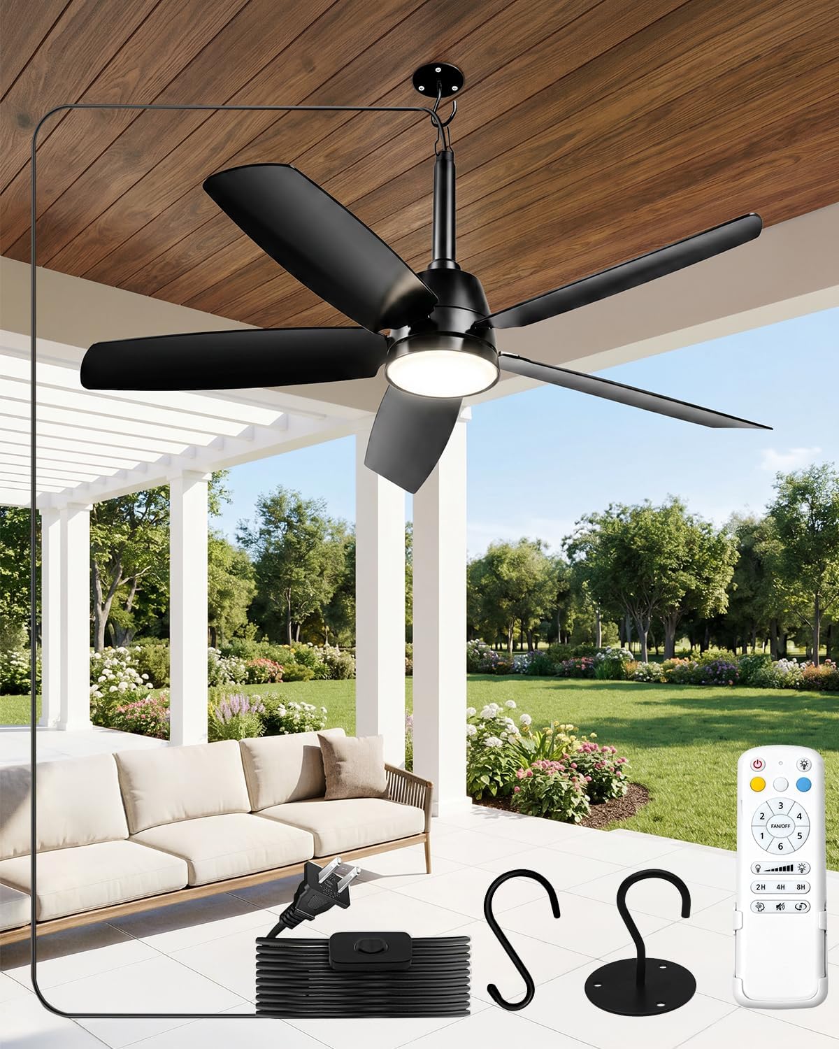 NWOP 36 Inch Plug-In Outdoor Ceiling Fan with Light and Remote, Waterproof Patio Ceiling...
