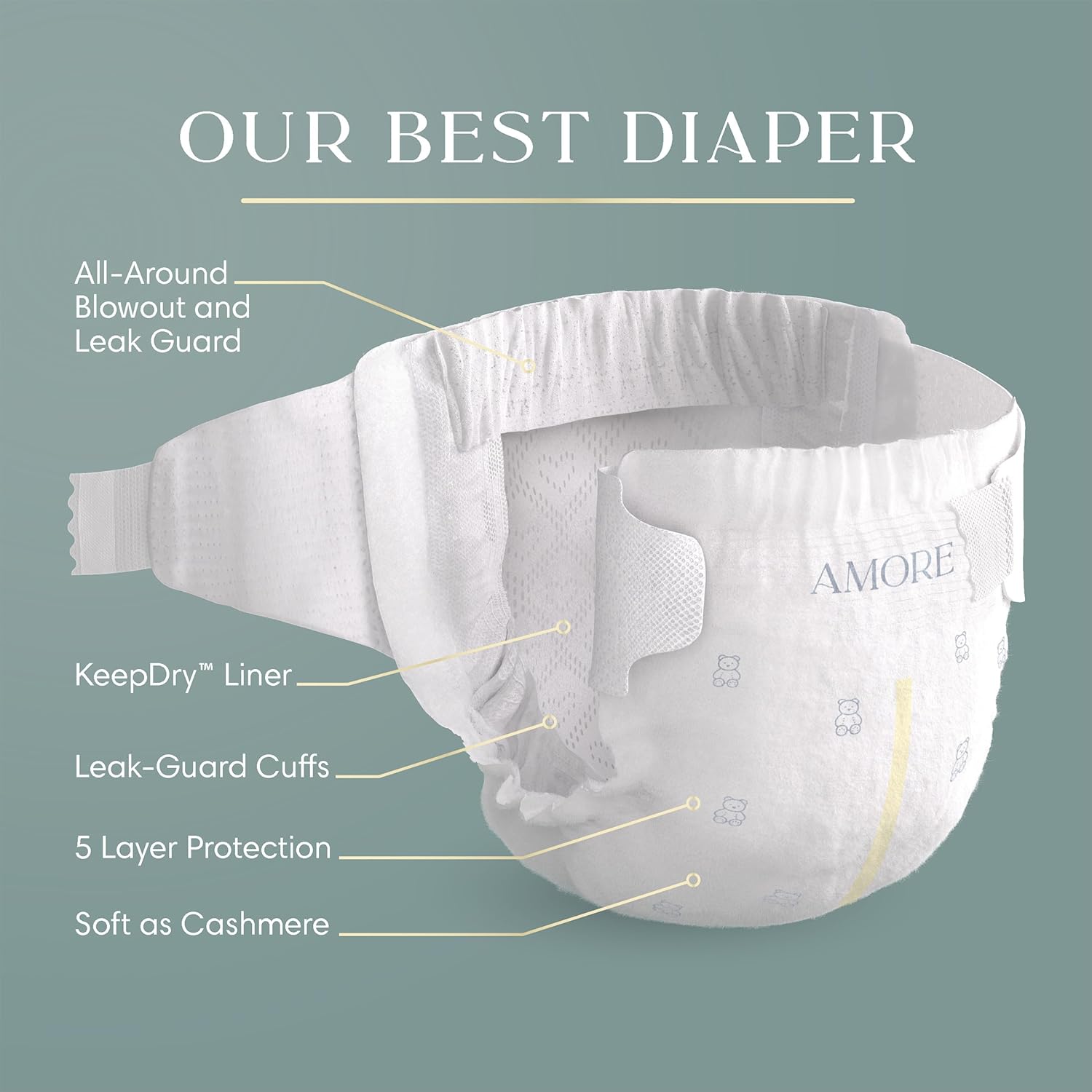 Pampers Amore, Size 5 (20-37 lbs), 132 Count, Our Best Diaper – Hypoallergenic & Fragrance... image