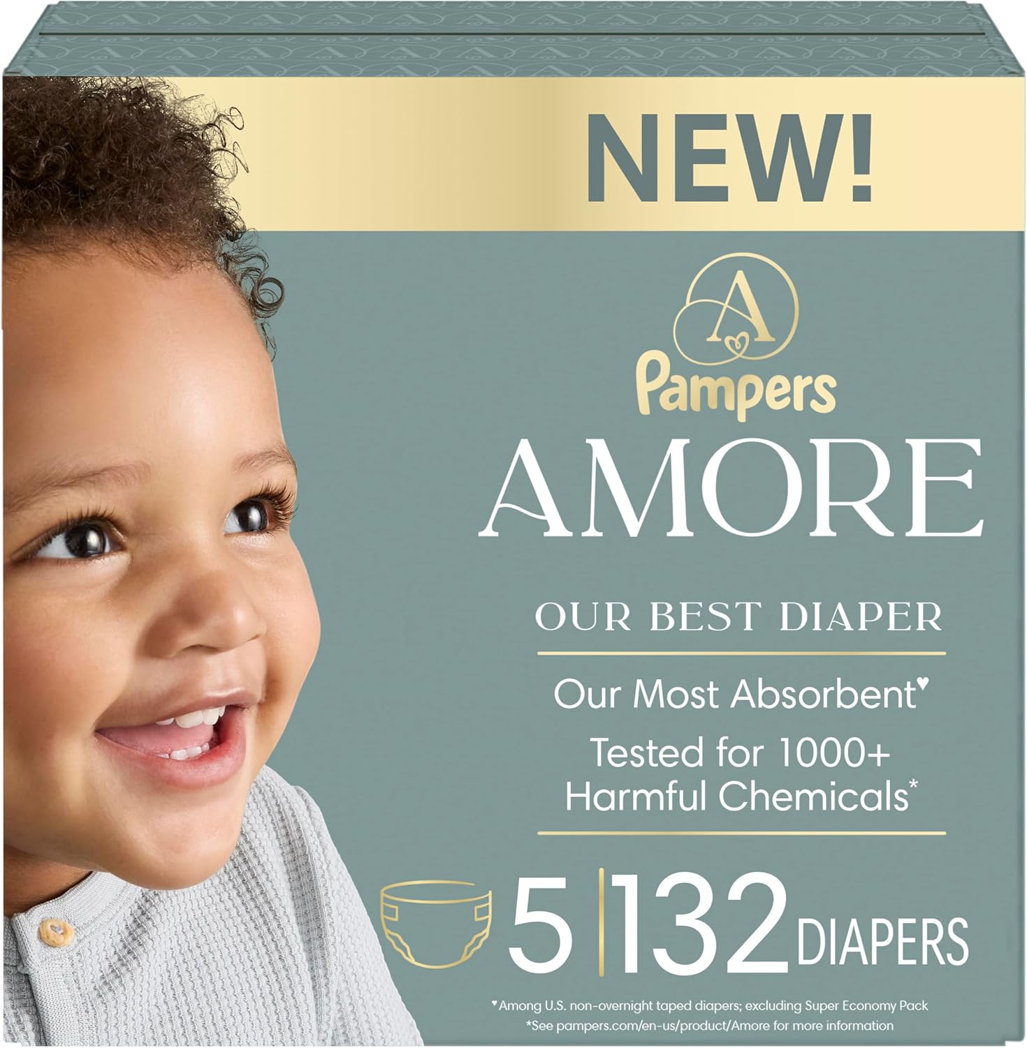 Pampers Amore, Size 5 (20-37 lbs), 132 Count, Our Best Diaper – Hypoallergenic & Fragrance...