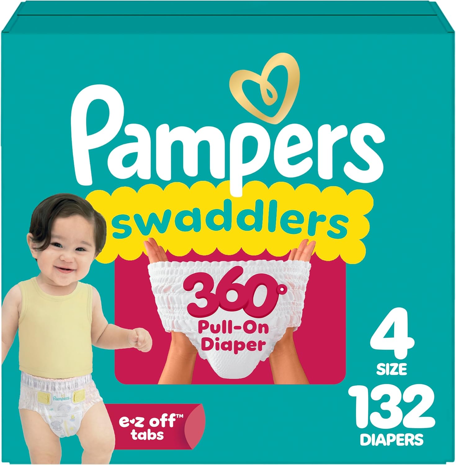 Pampers Diapers - Swaddlers 360° - Size 4, 132 Count, up to 100% Leakproof Comfy Dry Fit...