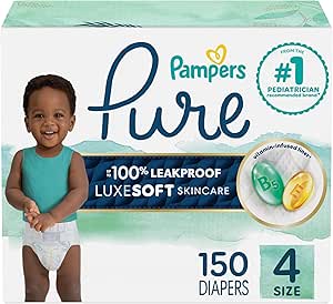Pampers Pure Baby Diapers, Size 4 (22-37 lbs), 150, Up to 100% Leakproof, Premium...