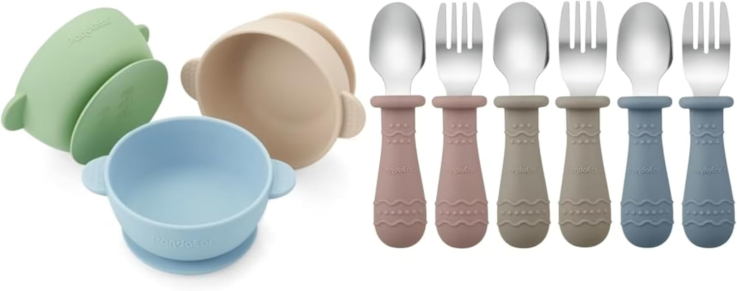 PandaEar 3 Pack Baby Bowls & Toddler Utensils (Blue/Brown/Red)