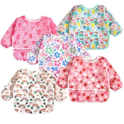 PandaEar 5 Pack Baby Long Sleeve Bibs| Waterproof Full Sleeve Bib for Baby Infant Toddler...