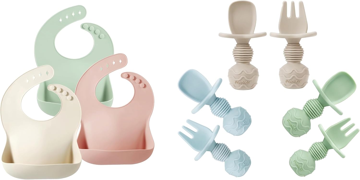 PandaEar Set of 3 Silicone Baby Bibs & 6 Pack Silicone Baby Spoons