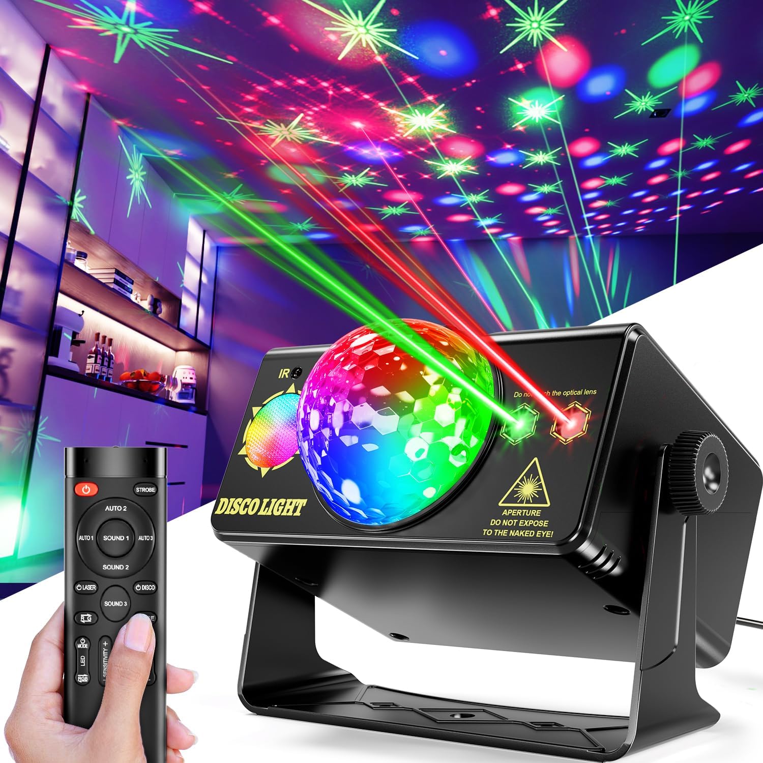 Party Lights DJ Disco Ball & LED Stage Strobe Light with Sound-Activated 10ft USB-C...