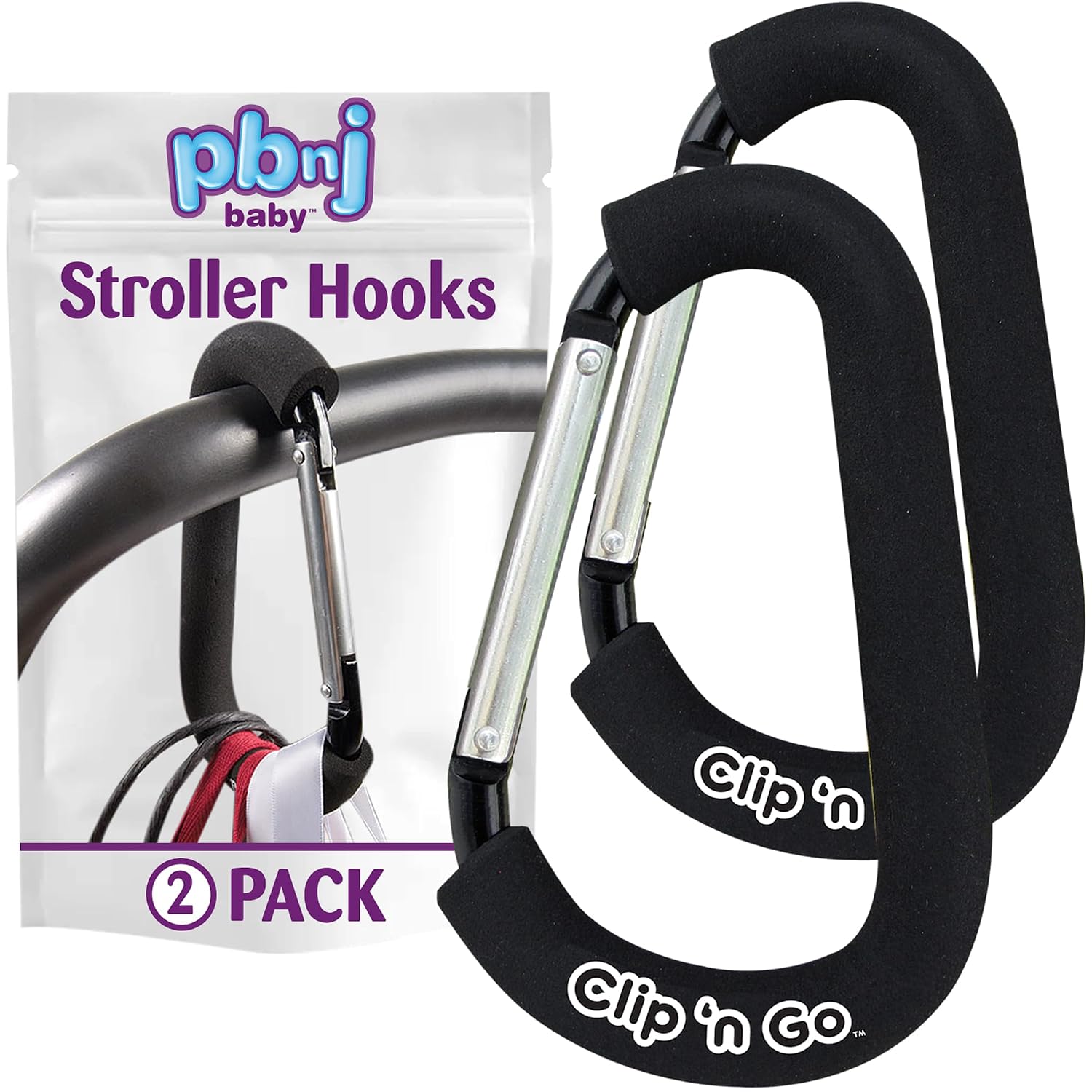 PBnJ Baby Stroller Hooks, 6.6" Extra Large Carabiner Clip, 2 Pack — Heavy Duty Stroller...
