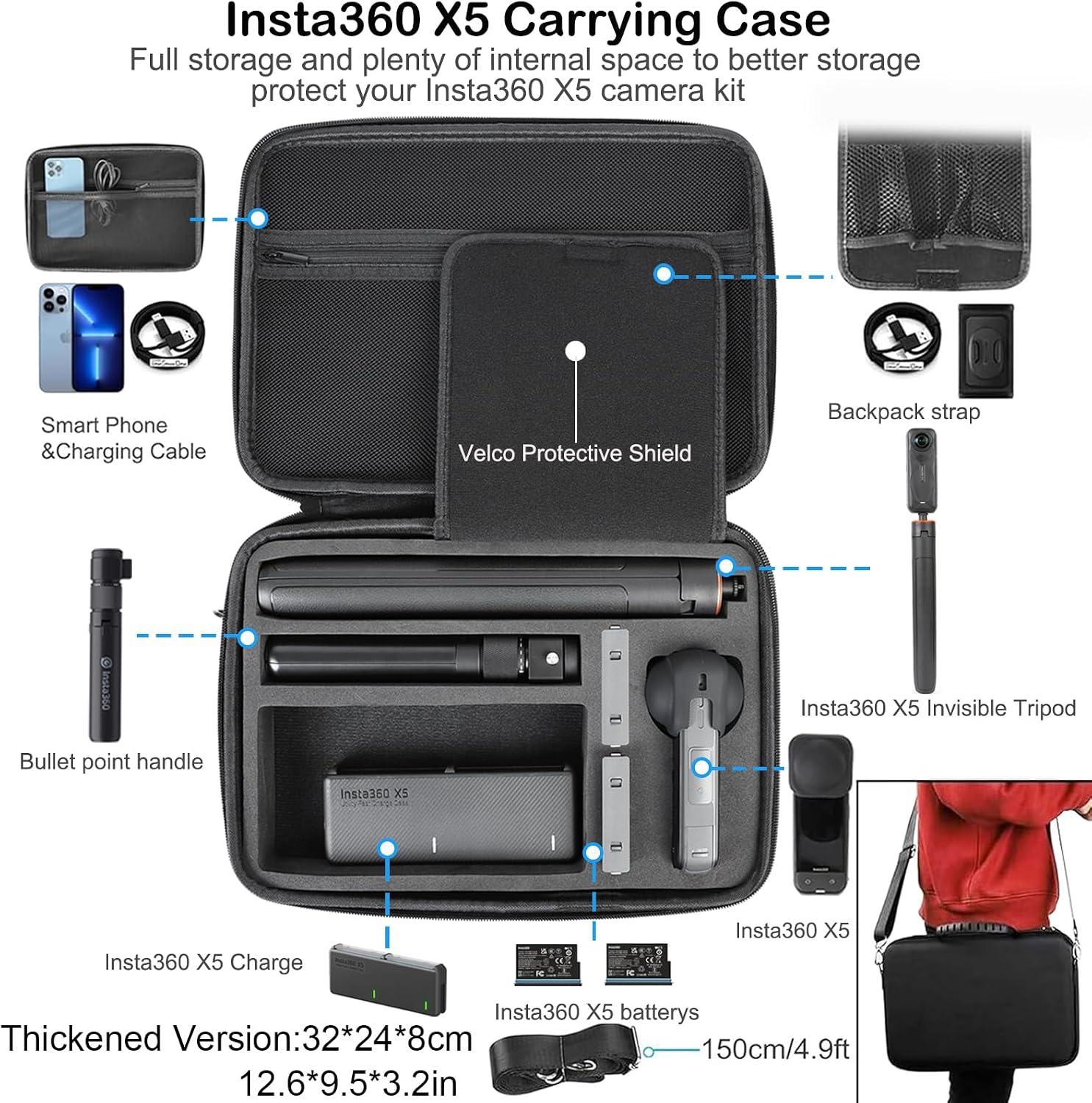 PellKing Accessories Kit for Insta360 X5,Included Carrying Case with Belt,135cm Selfie Stick... image
