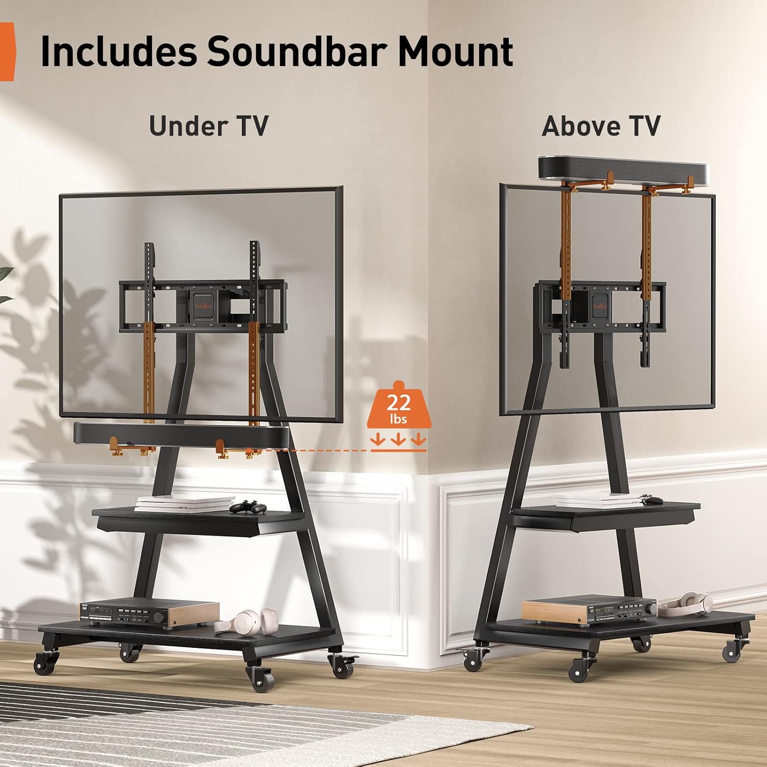 Perlegear Mobile TV Stand with Soundbar Mount, Rolling Floor TV Stand with Wheels for 43-83"... image