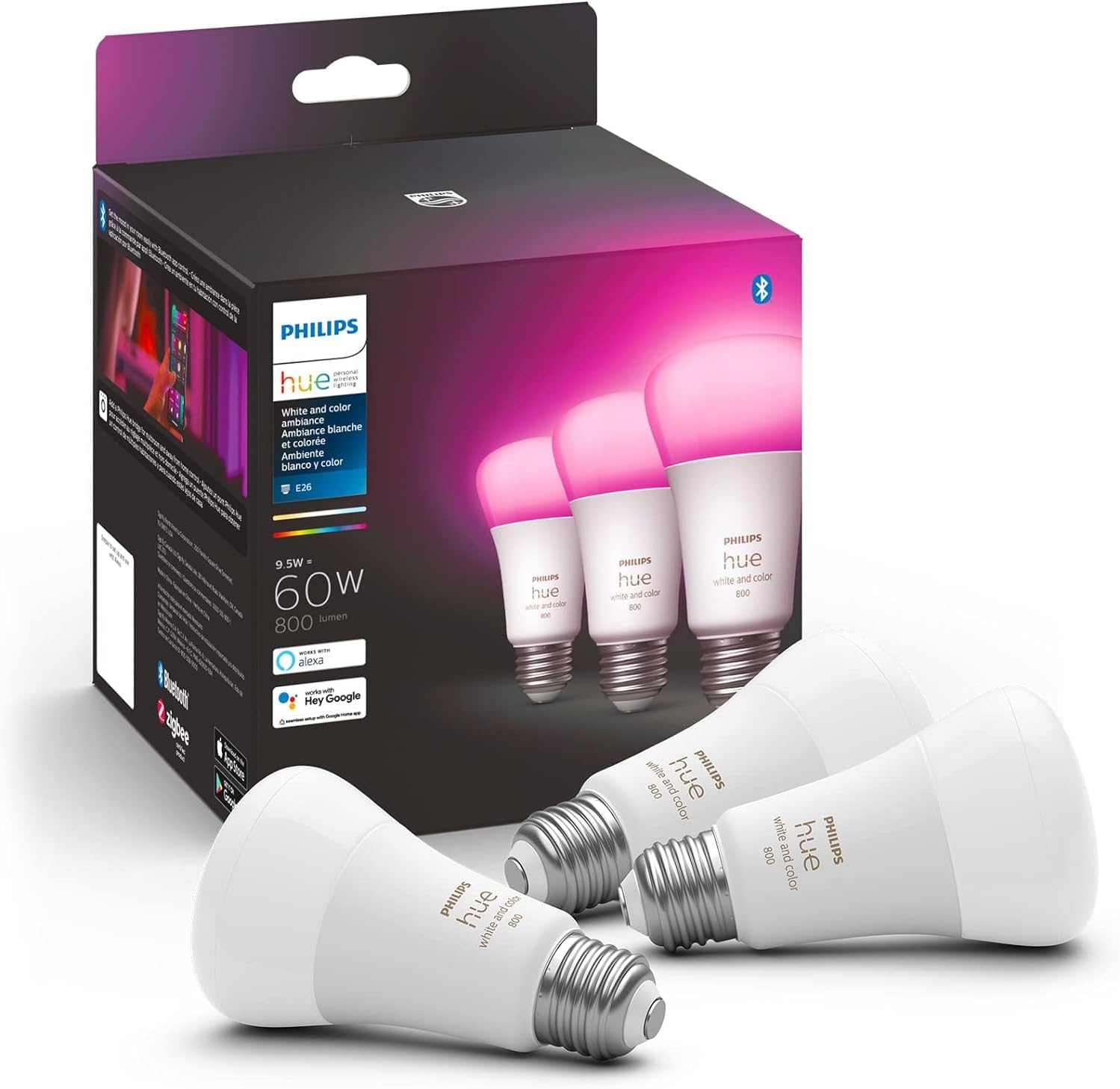 Philips Hue A19 LED Smart Light Bulb 3-Pack - White and Color Ambiance - 60W Indoor Light...
