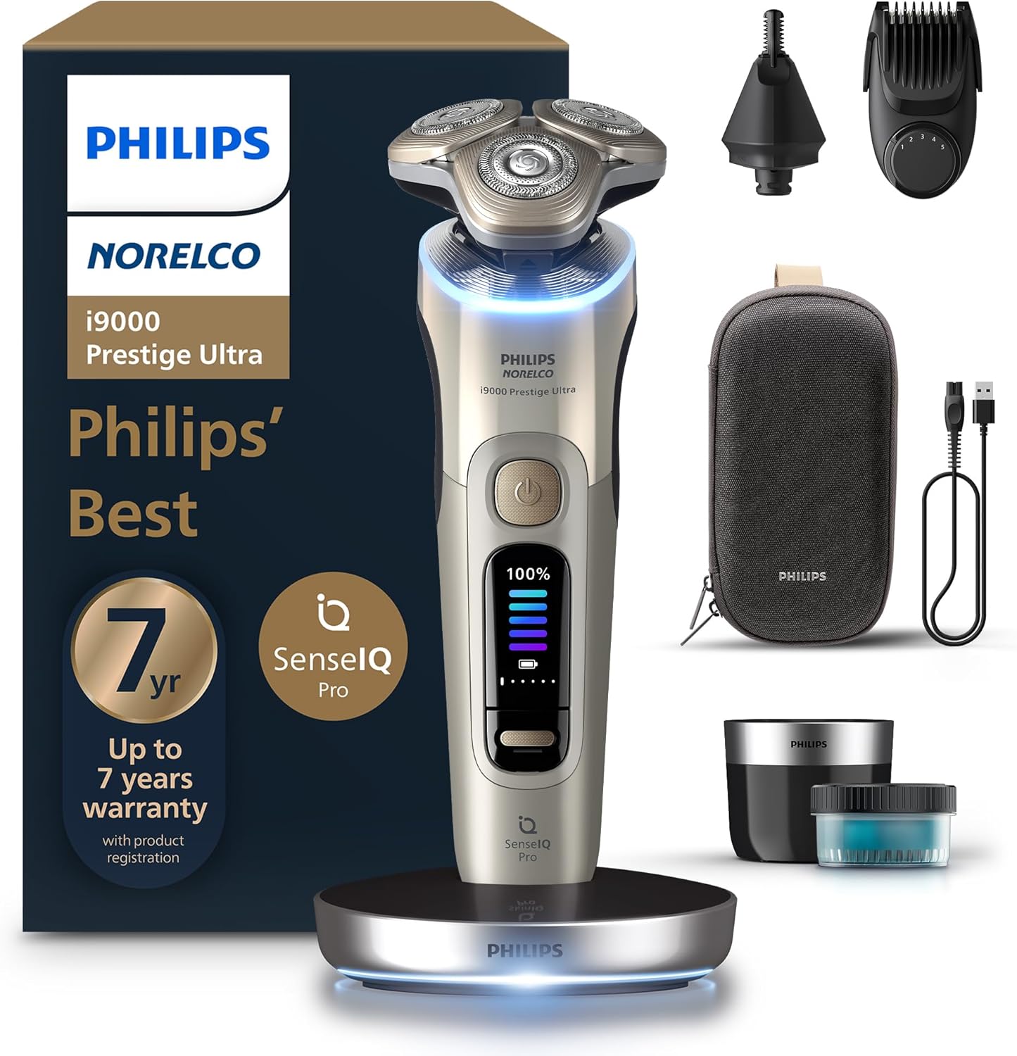 Philips Norelco Shaver i9000 Prestige Ultra, Wet & Dry Electric Shaver, White Gold, SenseIQ...