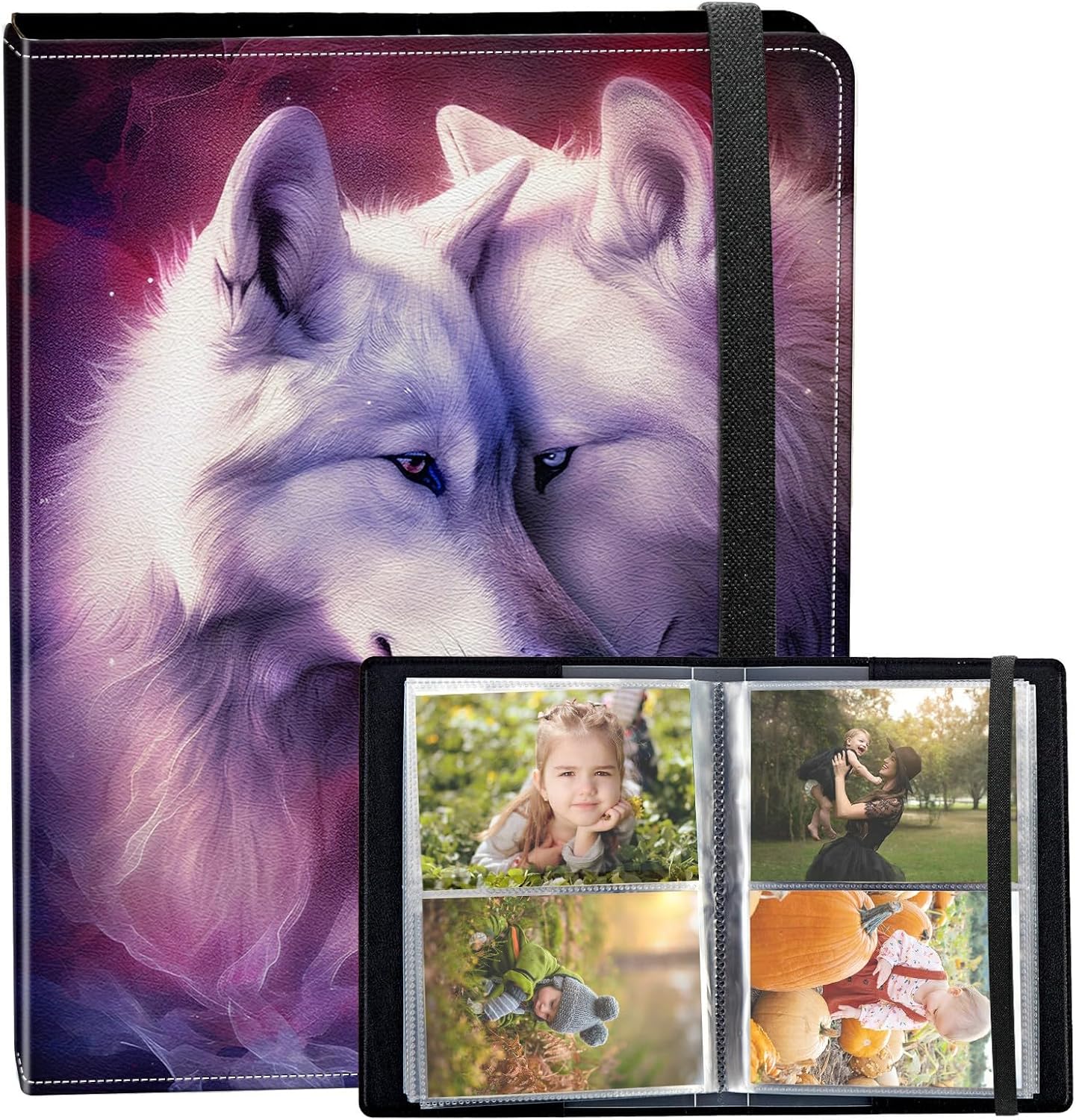 Photo Album 3.5x5 80 Photos Small Capacity PU Leather Cover, Wolf Kissing Mini Photo Album...