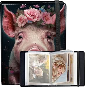 Photo Album 4x6 120 Photos Small Capacity PU Leather Cover, Pig with Flowers Mini Photo... image