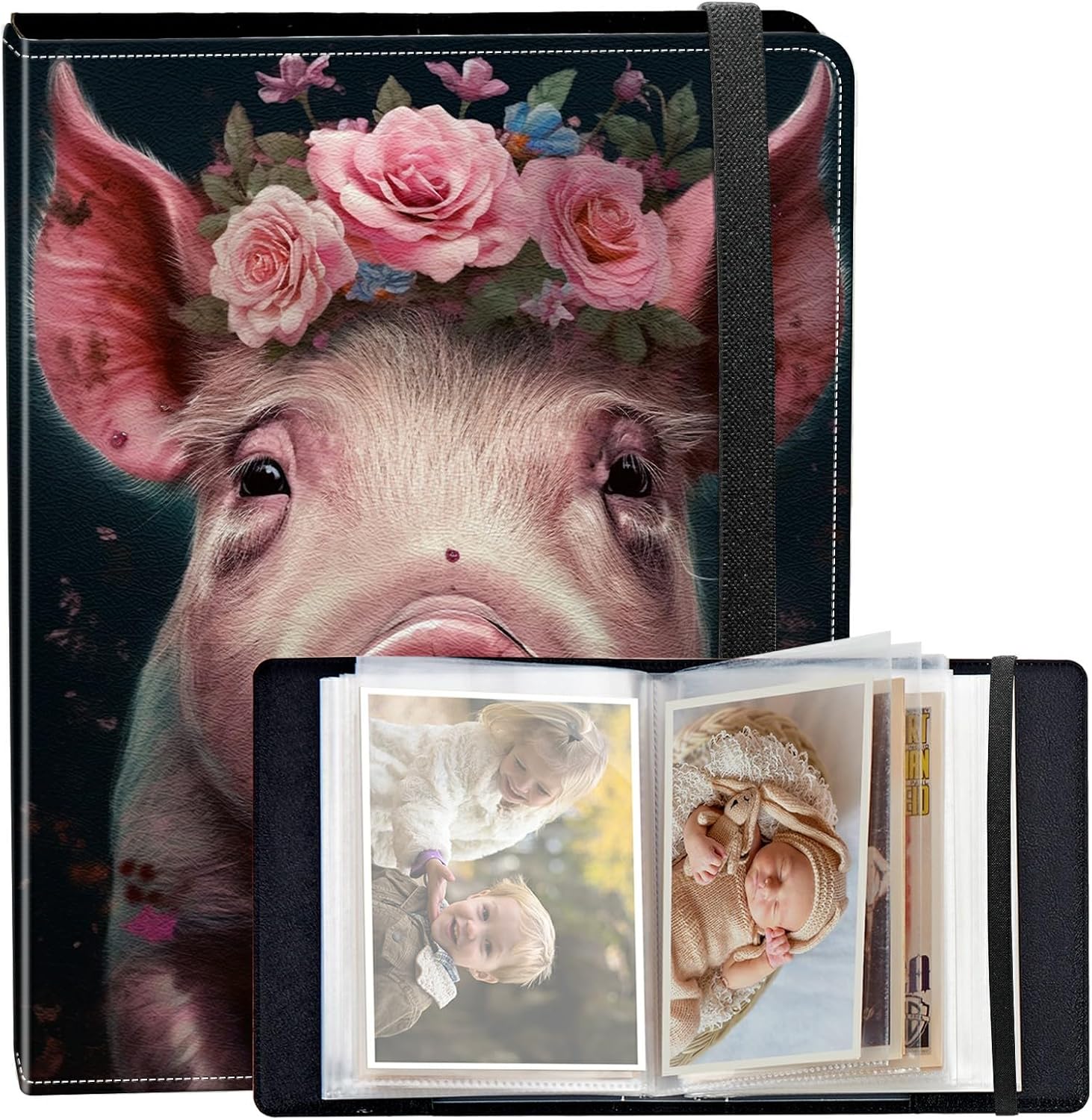 Photo Album 4x6 120 Photos Small Capacity PU Leather Cover, Pig with Flowers Mini Photo...