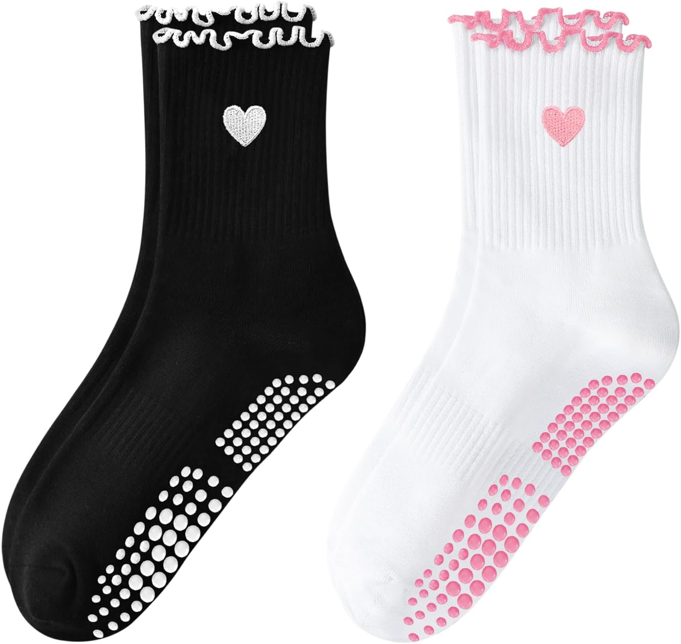 Pilates Yoga Grip Socks for Women, Bow-Patterned Ruffled Crew Socks Ideal for Fitness...