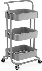 Pipishell 3 Tier Mesh Utility Cart, Rolling Metal Organization Cart with Handle and Lockable...