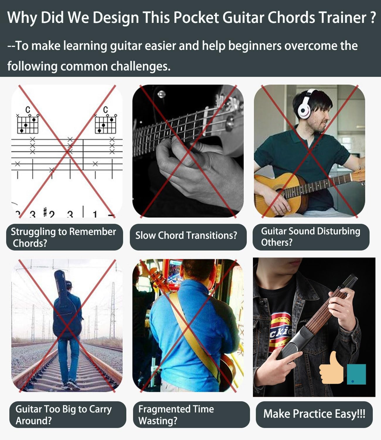 Pocket Guitar Chord Practice Tool, Portable Guitar Neck for Trainer Beginner w/a Rotatable...