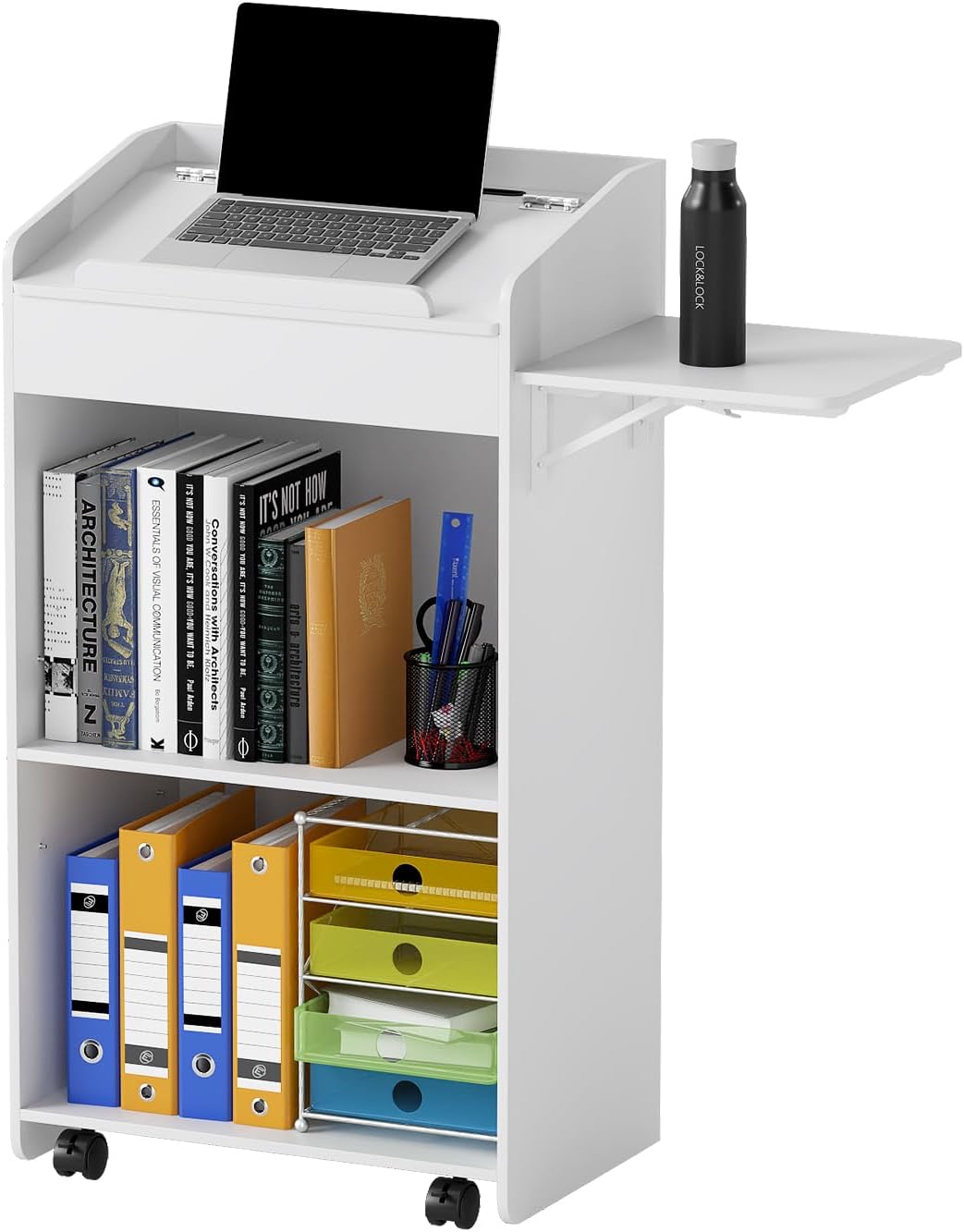 Podium Stand with Wheels, Rolling Podium for Teachers Host Stand Portable Mobile Standing...